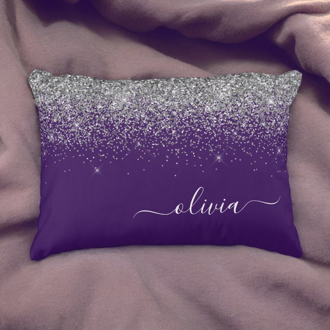 Purple Silver Glitter Girly Glam Monogram  Accent Pillow (Creator Uploaded)