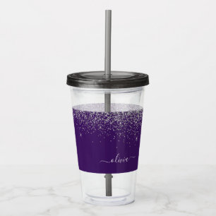 Purple Silver Glitter Girly Glam Monogram Acrylic Tumbler