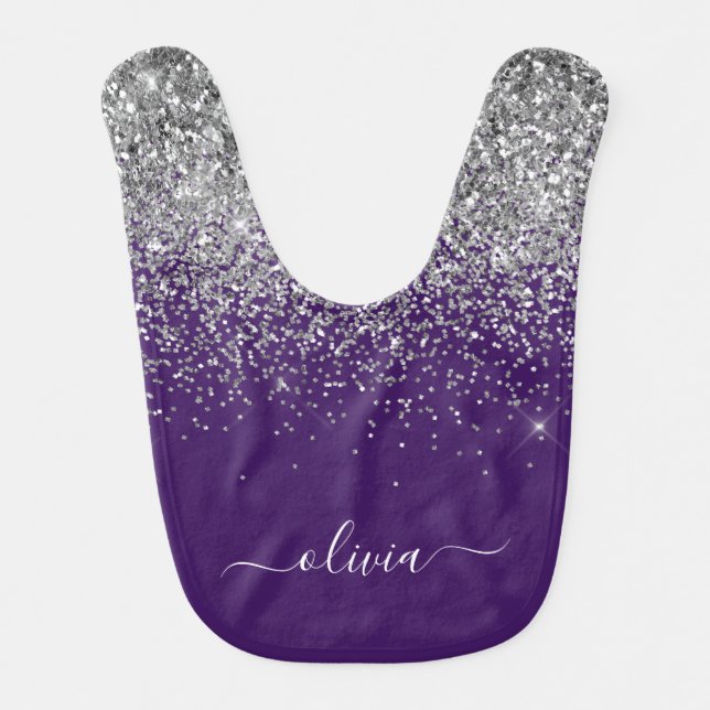 Purple Silver Glitter Girly Glam Monogram  Baby Bib (Front)