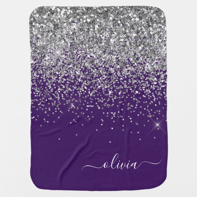 Purple Silver Glitter Girly Glam Monogram  Baby Blanket (Front)