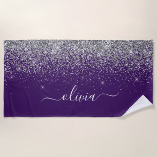 Purple Silver Glitter Girly Glam Monogram Beach Towel