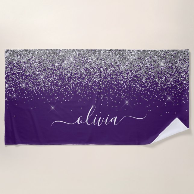Purple Silver Glitter Girly Glam Monogram  Beach Towel (Front)