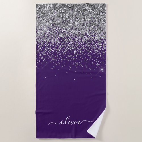 Purple Silver Glitter Girly Glam Monogram  Beach Towel