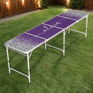 Purple Silver Glitter Girly Glam Monogram Beer Pong Table