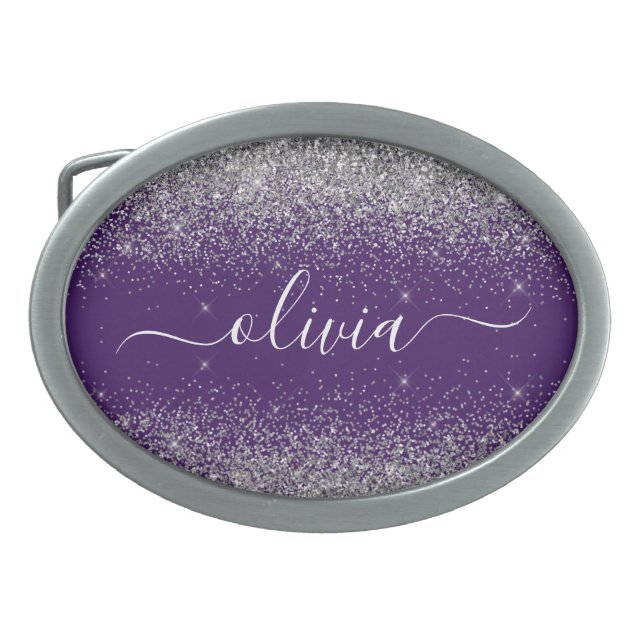 Purple Silver Glitter Girly Glam Monogram  Belt Buckle (Front)