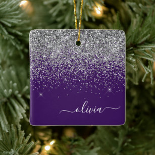 Purple Silver Glitter Girly Glam Monogram  Ceramic Ornament