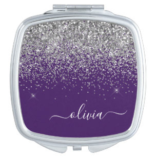 Purple Silver Glitter Girly Glam Monogram  Compact Mirror