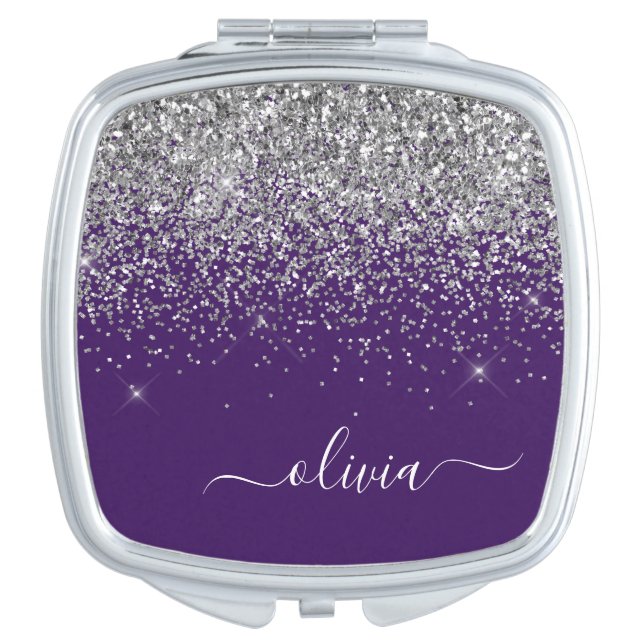 Purple Silver Glitter Girly Glam Monogram  Compact Mirror (Front)