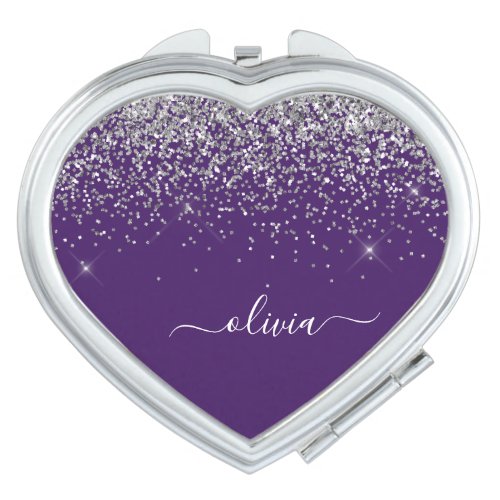 Purple Silver Glitter Girly Glam Monogram  Compact Mirror