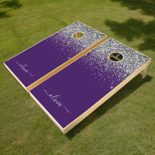 Purple Silver Glitter Girly Glam Monogram Cornhole Set