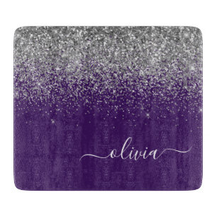 Purple Silver Glitter Girly Glam Monogram Cutting Board
