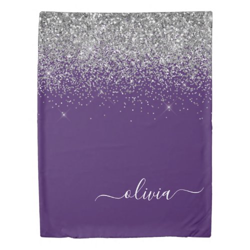 Purple Silver Glitter Girly Glam Monogram  Duvet Cover