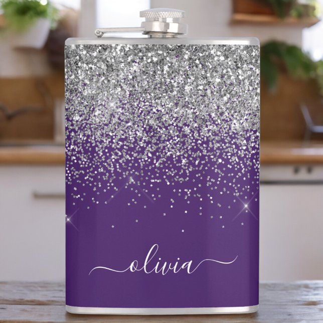 Purple Silver Glitter Girly Glam Monogram  Flask (Creator Uploaded)