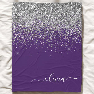 Purple Silver Glitter Girly Glam Monogram Fleece Blanket