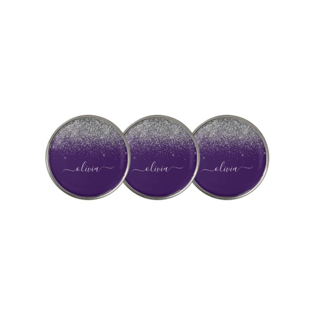 Purple Silver Glitter Girly Glam Monogram  Golf Ball Marker (3 Up)