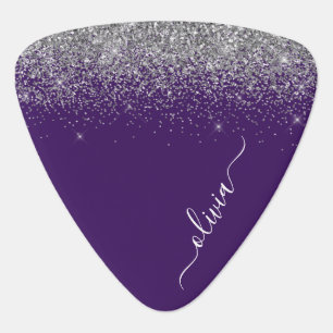 Purple Silver Glitter Girly Glam Monogram Guitar Pick