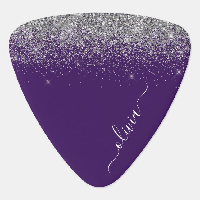 Purple Silver Glitter Girly Glam Monogram  Guitar Pick (Front)