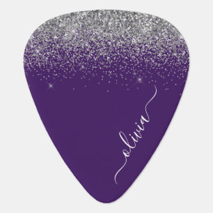 Purple Silver Glitter Girly Glam Monogram  Guitar Pick