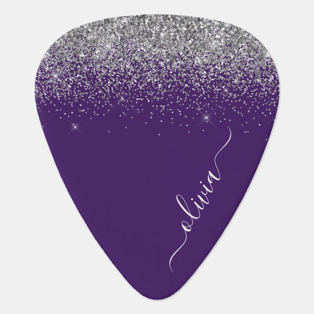 Purple Silver Glitter Girly Glam Monogram  Guitar Pick (Front)