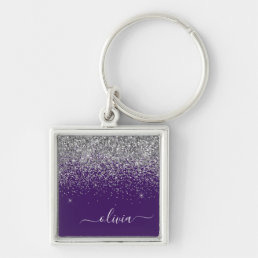 Purple Silver Glitter Girly Glam Monogram  Keychain