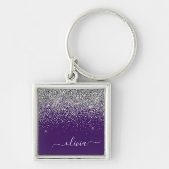 Purple Silver Glitter Girly Glam Monogram  Keychain by Hot_Foil_Creations at Zazzle