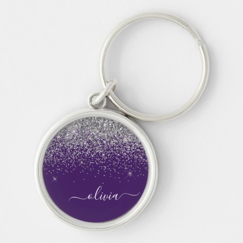 Purple Silver Glitter Girly Glam Monogram  Keychain