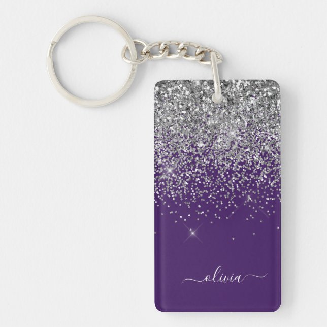 Purple Silver Glitter Girly Glam Monogram  Keychain (Front)