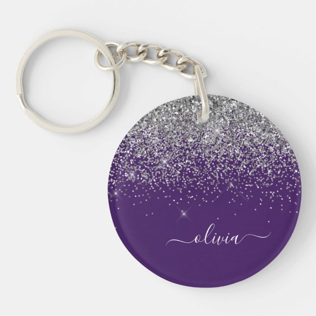 Purple Silver Glitter Girly Glam Monogram  Keychain (Front)