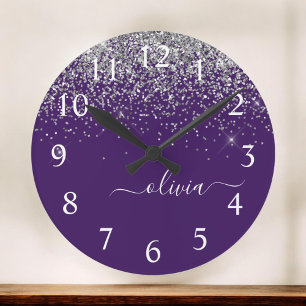 Purple Silver Glitter Girly Glam Monogram  Large Clock