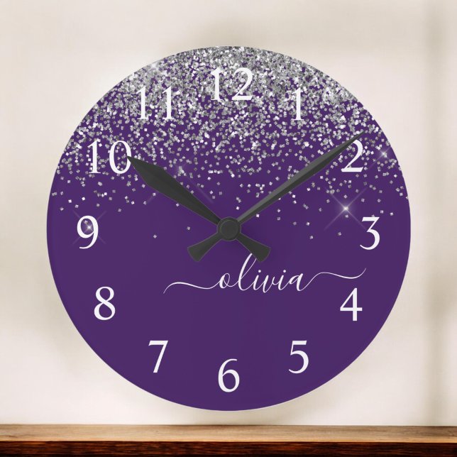 Purple Silver Glitter Girly Glam Monogram  Large Clock (Creator Uploaded)