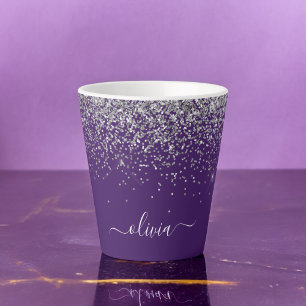 Purple Silver Glitter Girly Glam Monogram Latte Mug