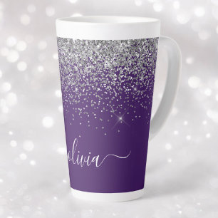 Purple Silver Glitter Girly Glam Monogram Latte Mug