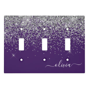 Purple Silver Glitter Girly Glam Monogram Light Switch Cover