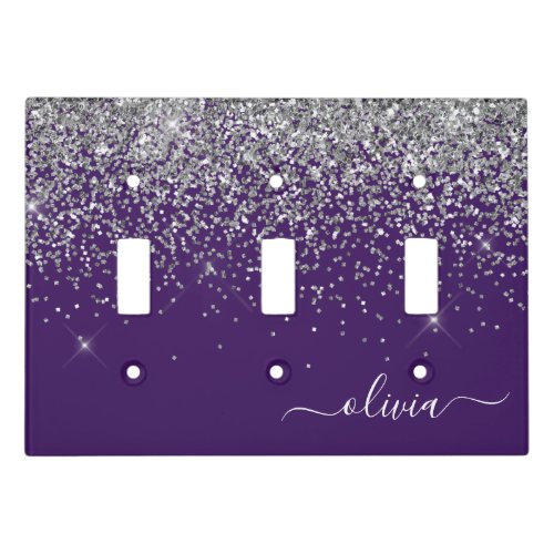 Purple Silver Glitter Girly Glam Monogram  Light Switch Cover