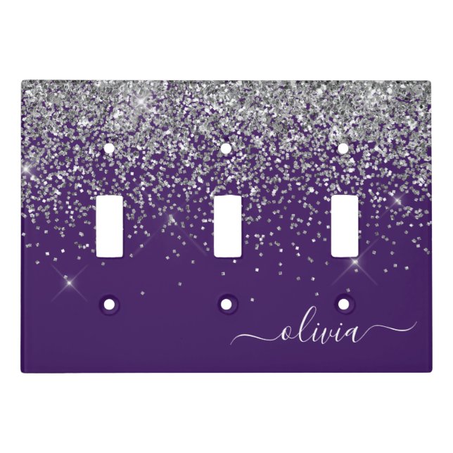 Purple Silver Glitter Girly Glam Monogram  Light Switch Cover (Front)