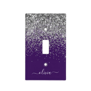 Purple Silver Glitter Girly Glam Monogram Light Switch Cover