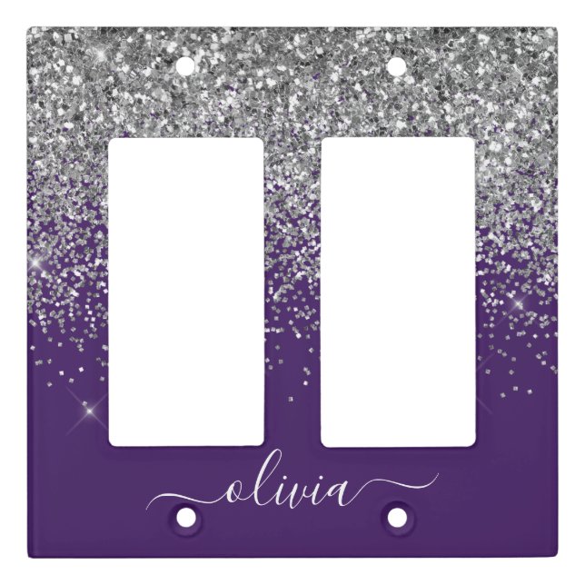 Purple Silver Glitter Girly Glam Monogram  Light Switch Cover (Front)