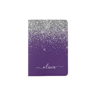 Purple Silver Glitter Girly Glam Monogram Passport Holder