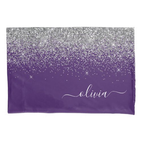 Purple Silver Glitter Girly Glam Monogram  Pillow Case