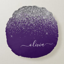 Purple Silver Glitter Girly Glam Monogram  Round Pillow