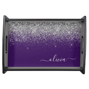 Purple Silver Glitter Girly Glam Monogram  Serving Tray