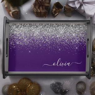 Purple Silver Glitter Girly Glam Monogram  Serving Tray