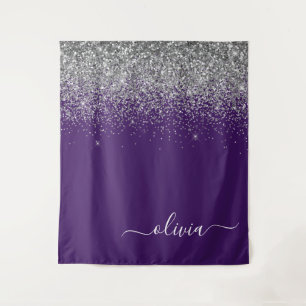 Purple Silver Glitter Girly Glam Monogram Tapestry