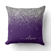 Purple Silver Glitter Girly Glam Monogram  Throw Pillow