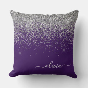 Purple Silver Glitter Girly Glam Monogram  Throw Pillow