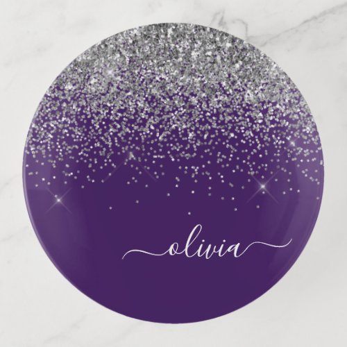 Purple Silver Glitter Girly Glam Monogram  Trinket Tray