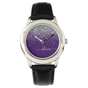 Purple Silver Glitter Girly Glam Monogram Watch