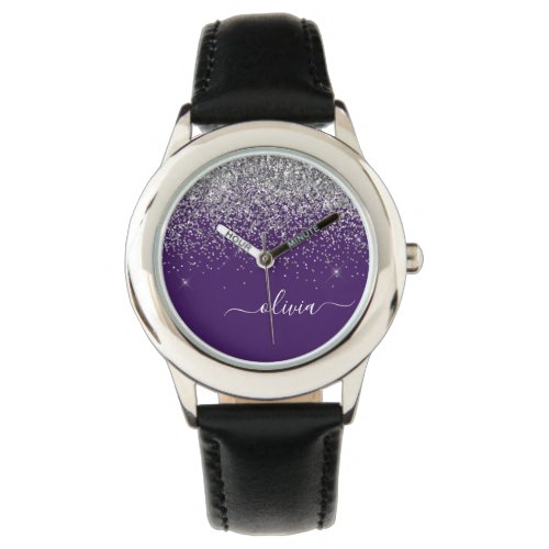 Purple Silver Glitter Girly Glam Monogram  Watch