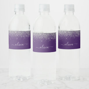 Purple Silver Glitter Girly Glam Monogram Water Bottle Label