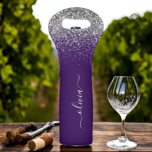 Purple Silver Glitter Girly Glam Monogram  Wine Bag